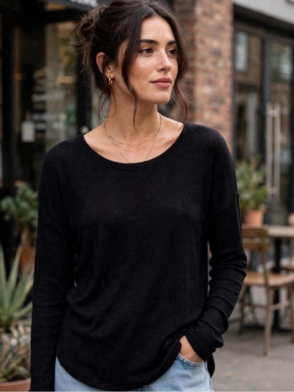 rag & bone Black Long-Sleeve Scoop Neck Top